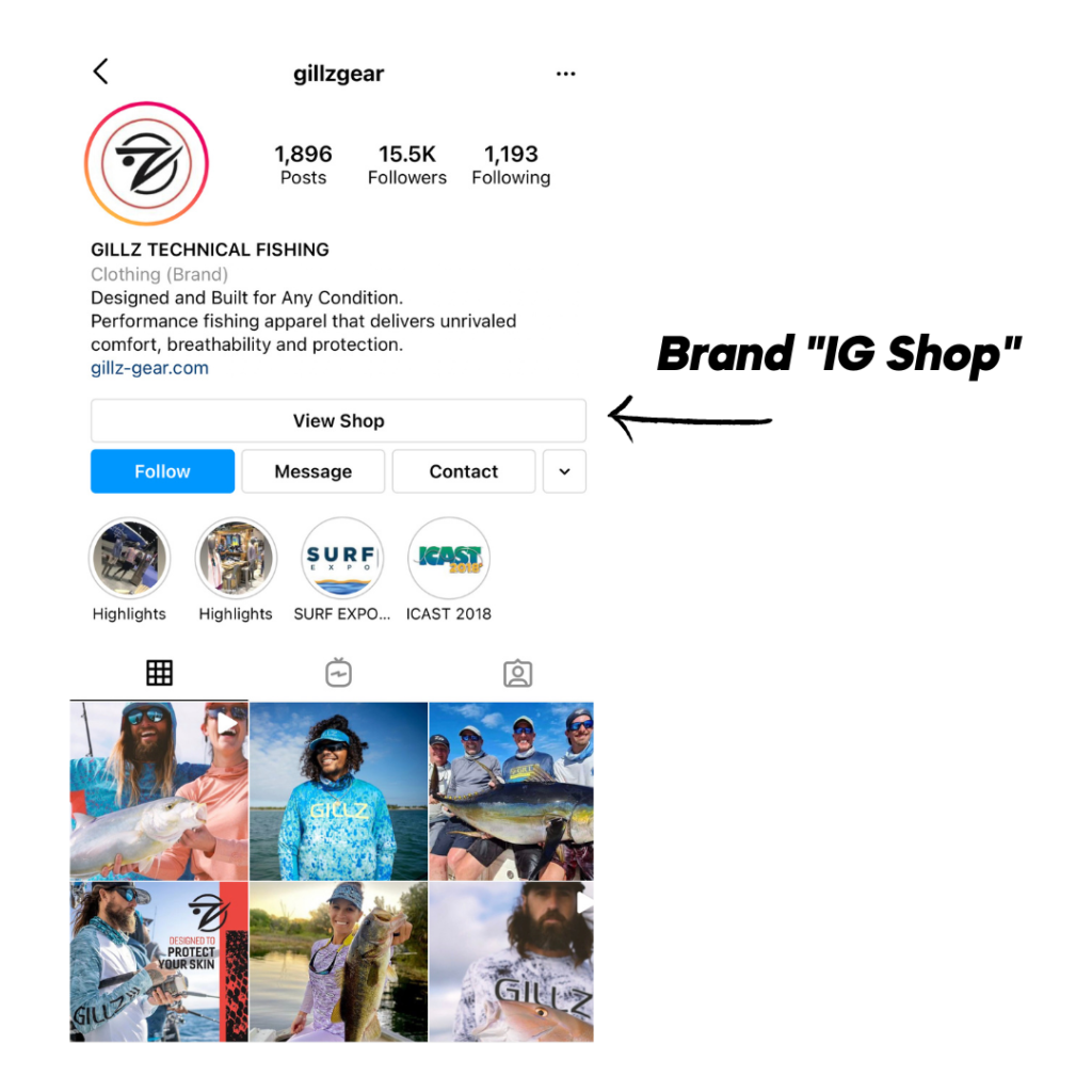 screenshot of Gillz Instagram profile with arrow pointing to "view shop" button