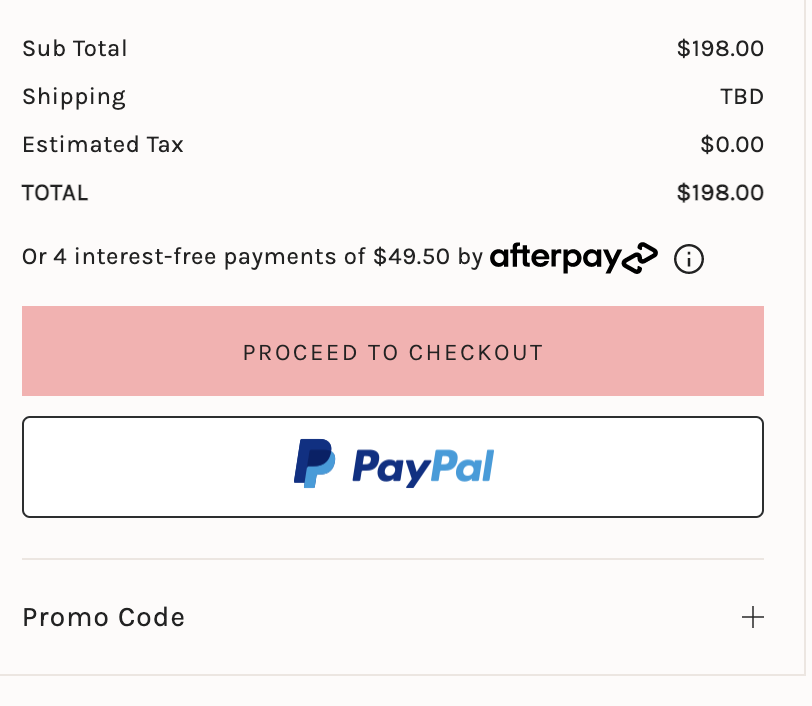 screenshot of online shopping cart with pink proceed to cart button and multiple payment options 