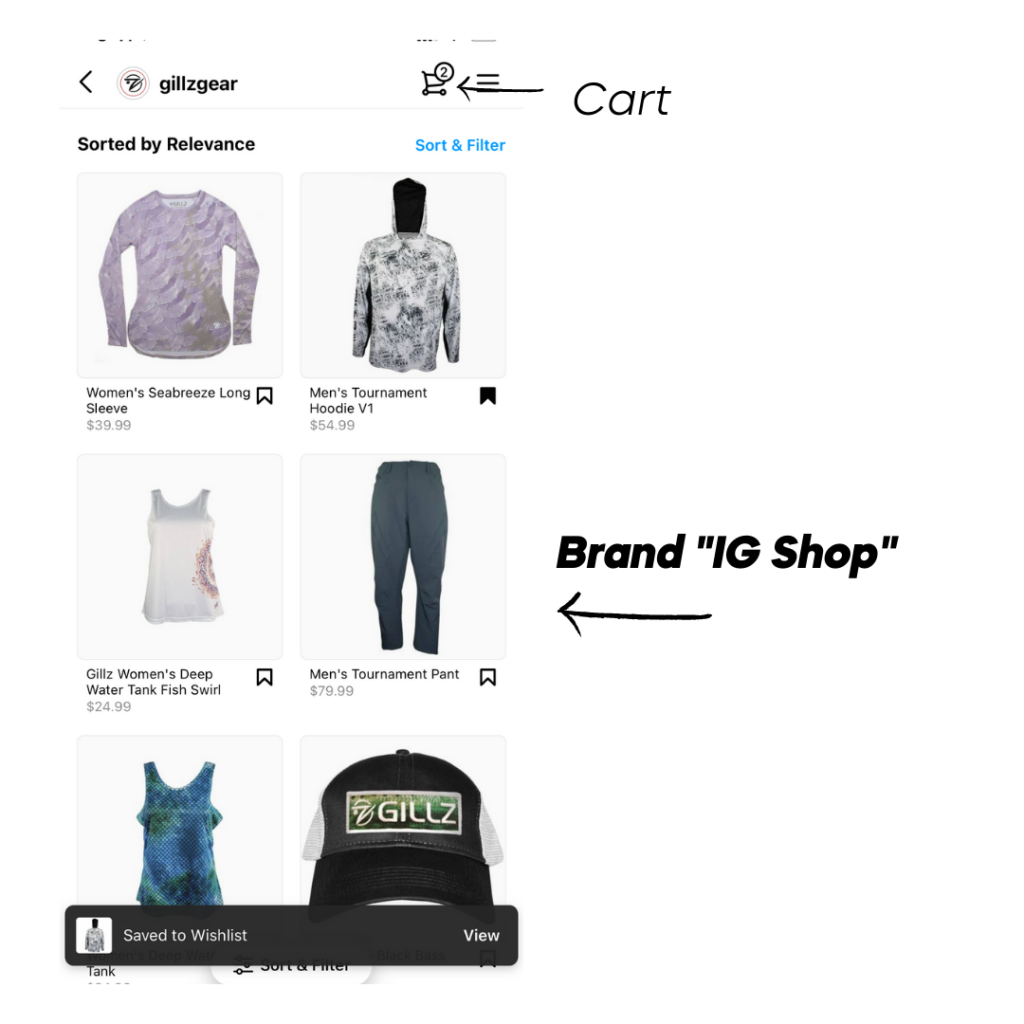 screenshot of Instagram shop with Gillz apparel/ Arrow and text highlighting shop and wishlist features, 