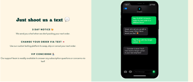 screenshot from website with green text and picture of a text message conversation on a. phone 